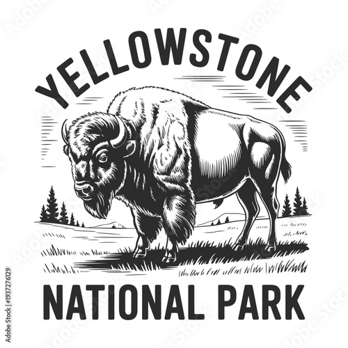 Yellowstone national park poster featuring a detailed bison illustration