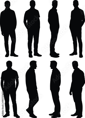 People walking silhouettes set of men and women in casual clothing, group of diverse adults moving forward on white background