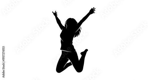 Dynamic silhouette of a joyful woman jumping with arms outstretched, expressing happiness on an isolated white background.
