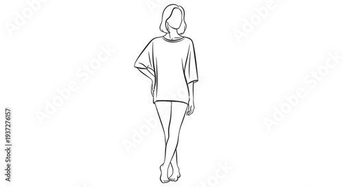 Relaxed line art of a casual woman standing with hands on hips, in a comfortable pose on an isolated white background.
