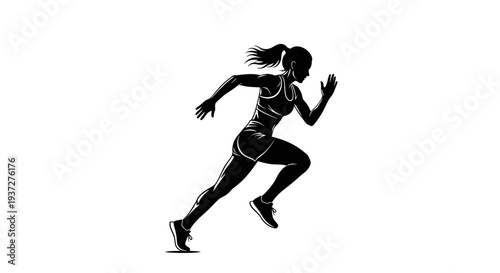 Dynamic silhouette of a female runner sprinting with powerful energy on an isolated white background.