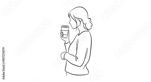 Minimalist line art of a thoughtful woman holding a coffee cup, in profile on an isolated white background.