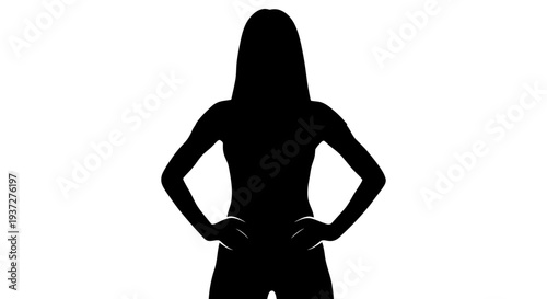 Silhouette of a confident strong woman with hands on hips, isolated white background.