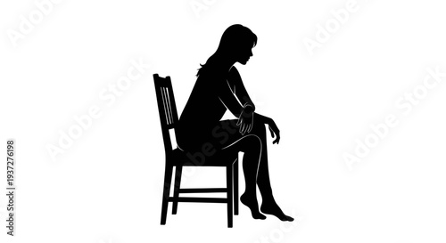 Silhouette of a pensive young woman sitting on a chair, isolated white background.