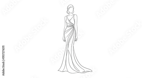 Elegant woman in a long glamorous gown standing and posing on isolated white background.