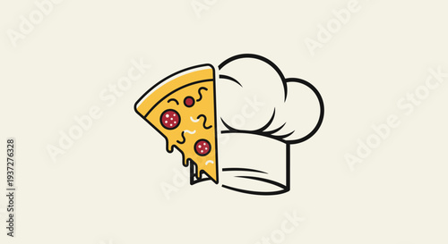 Pizza slice and chef hat icon representing cooking and pizzeria in bright studio background.