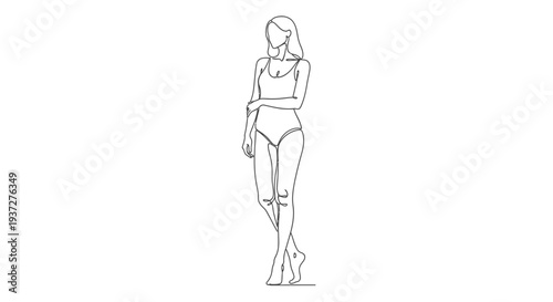 Slender woman in swimsuit or underwear standing with arms crossed on isolated white background.