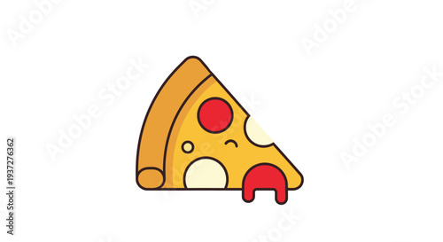 Delicious pepperoni pizza slice with melting cheese in cartoon style on isolated white background.