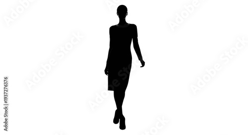 Elegant woman gracefully walking away in full body silhouette on isolated white background.