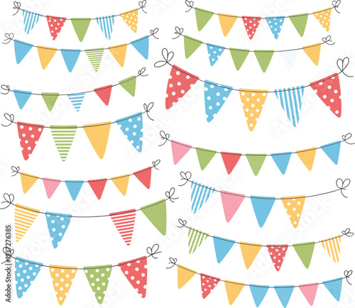 colorful bunting flags garland set with patterns, festive pennant banner decoration for party celebration event hanging string flag vector
