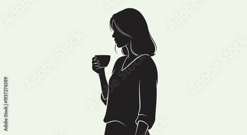 Serene woman enjoying a hot drink, sipping from a cup in bright studio background.