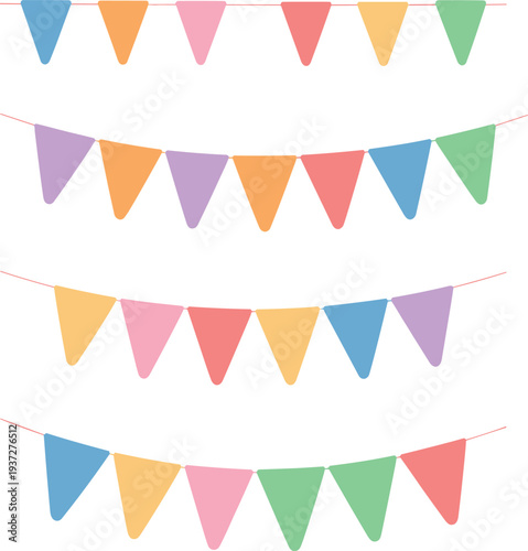 colorful triangle bunting flags garland set, festive pennant banner decoration for party celebration event hanging string flag vector