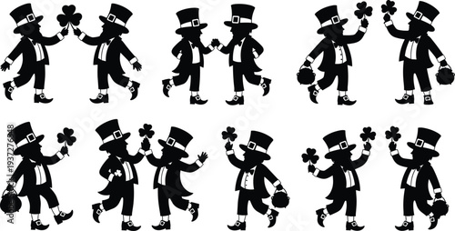 Leprechaun silhouette icons with shamrock clover, gold pot symbols for Saint Patricks Day celebration, Irish holiday folklore vector illustration,