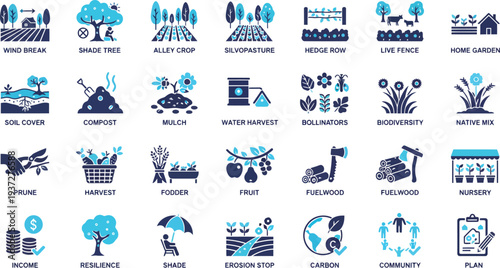 Collection of Agricultural Icons Representing Sustainable Practices and Crop Management Techniques