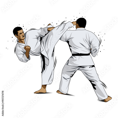 Karate sparring illustration with high kick and punch defense, martial arts fighters isolated on white background.