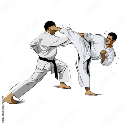 Karate sparring illustration with high kick and punch defense, martial arts fighters isolated on white background.