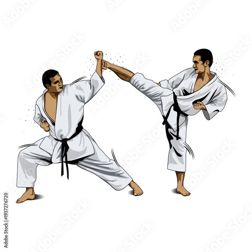 Karate sparring illustration with high kick and punch defense, martial arts fighters isolated on white background.