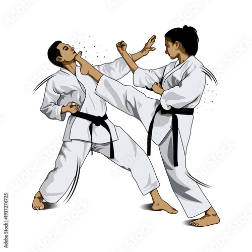Two karate fighters sparring with a powerful kick during martial arts training, isolated on transparent background.