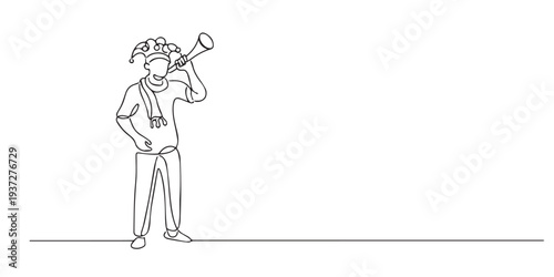 A single line drawing of a football fan with a trumpet and a hat. The hand-drawn continuous line expresses the excitement of the 2026 World Cup.