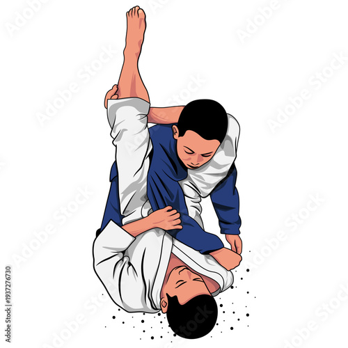 Jiu-jitsu ground fighting illustration showing submission hold and grappling technique isolated on white background.