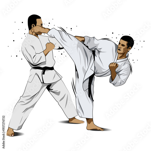 Karate sparring illustration with high kick and punch defense, martial arts fighters isolated on white background.
