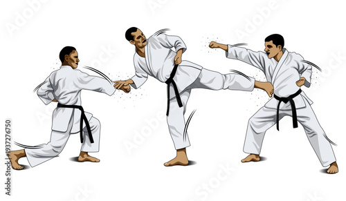 Karate fighter performing punches and kick techniques in martial arts training illustration isolated on transparent background.