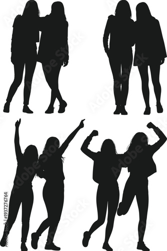 Silhouette of two young female friends posing together, happy women embracing, standing, and jumping in various joyful friendship poses, white background
