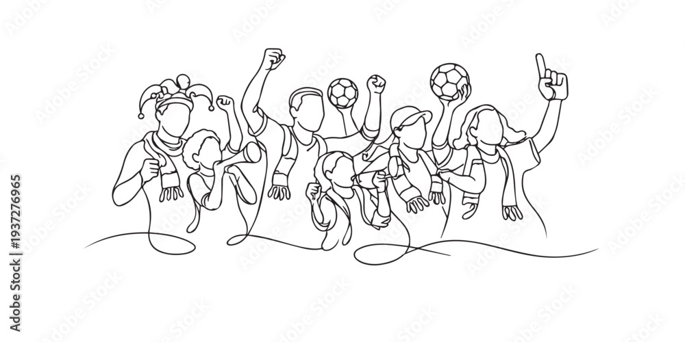 Fototapeta premium Single line drawing depicting cheering soccer fans. Continuous line art for 2026 world cup background.