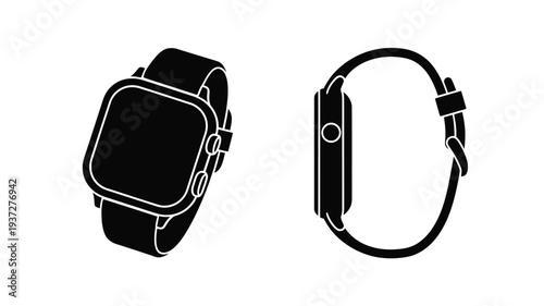 Black and white line art of a modern smartwatch in two views