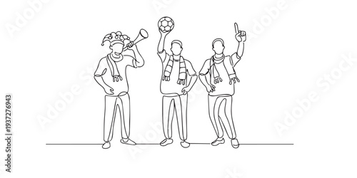single line drawing depicting a cheering soccer fan with a trumpet, ball, and scarf. continuous line for the 2026 World Cup background.