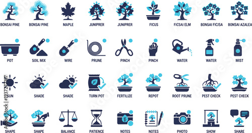 Collection of Bonsai Tree Care Icons Featuring Essential Gardening Tools and Techniques