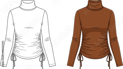 Two color variations of turtleneck top cad drawing flat vector illustration with side ruching and drawstrings for apparel design template