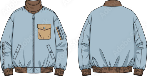 Light blue bomber jacket front and back view cad drawing flat vector illustration with contrast collar pockets and ribbed trim