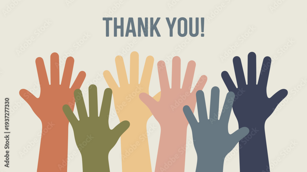 Obraz premium thank you message with diverse, colorful raised hands in graphic style, isolated on white background for appreciation design, community support campaigns, social media graphics, volunteer events and i