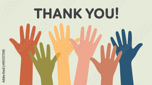 thank you message with diverse, colorful raised hands in graphic style, isolated on white background for appreciation design, community support campaigns, social media graphics, volunteer events and i