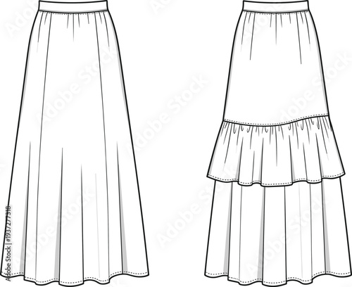Tiered ruffle maxi skirt front and back view cad drawing flat vector illustration with elastic waistband and flared silhouette for apparel