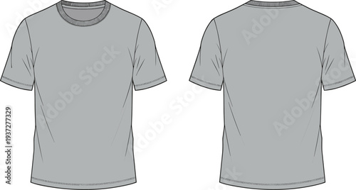 Crew neck short sleeve t-shirt front and back view cad drawing flat vector illustration for apparel design and tech pack