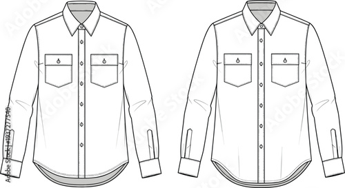 Men button down utility shirt front and back view cad drawing flat vector illustration with chest pockets and long sleeves