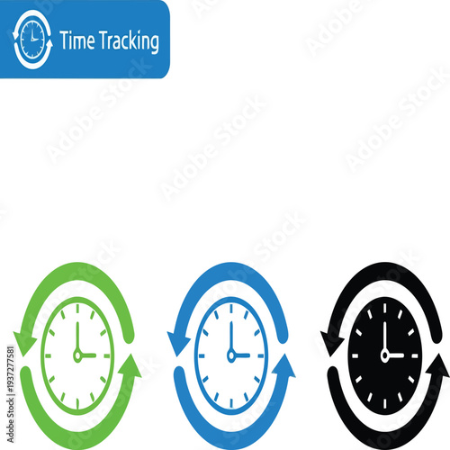 Time tracking icons with clocks and arrows in green blue and black colors
