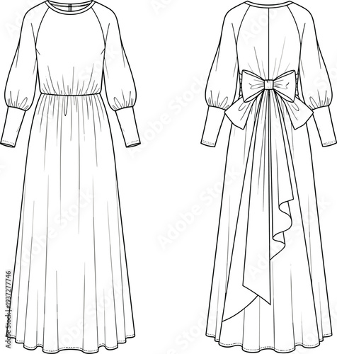 Long sleeve maxi dress front and back view cad drawing flat vector illustration with large back bow and elastic waist