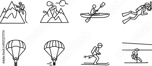 Black and white line drawings of various adventure sports and activities
