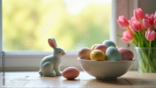 easter eggs in bowl with fresh tulip flowers and ceramic bunny rabbits on blurred spring window background festive home decoration concept of greeting cards, interior decor, seasonal promotion