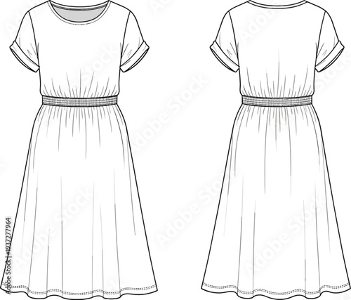 Short sleeve midi dress front and back view cad drawing flat vector illustration with elastic waist and crew neck for apparel
