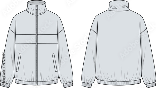 Unisex zip up track jacket front and back view cad drawing flat vector illustration with high collar and elastic cuffs