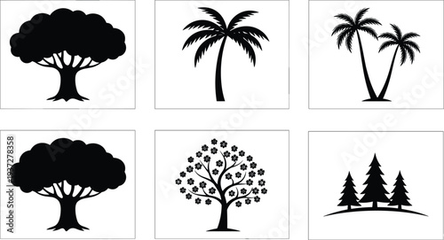 Collection of diverse tree silhouettes including deciduous, palm, flowering, and coniferous pine forms, botanical illustration for education, landscape design, decorative artwork, and nature studies
