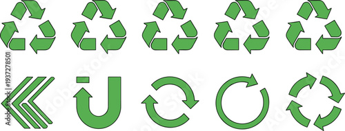 Green Recycling Symbols Set with Universal Eco Friendly Arrows for Waste Management Sustainability and Environmental Conservation Icons for Circular Economy Graphics