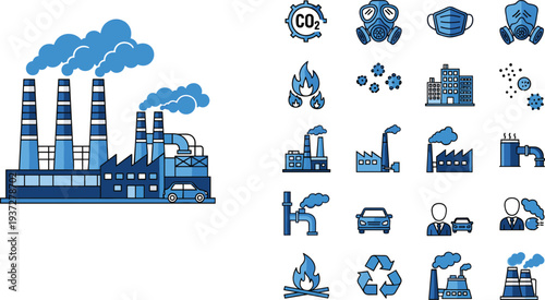 Industrial Factory Building and Air Pollution Icon Set, Featuring Smoke Stacks, Carbon Emissions, Gas Masks, and Environmental Global Warming Vector Graphics,