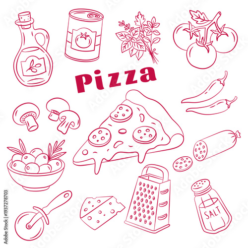 Pizza Day vector. Italian pizza with basil, arugula, tomatoes, mushrooms, salami, chili, parmesan, olives, rosemary. Hand drawn collection in sketch style