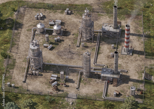Topdown view of industrial oil refinery for presentations, infographics, articles, and reports on energy, manufacturing, and environmental issues.