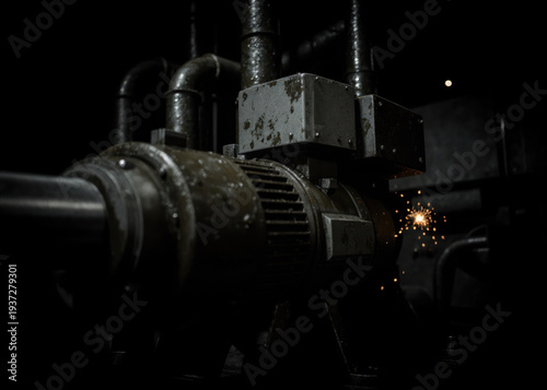 Pipes and industrial machinery in a dark, gritty environment. Suitable for industrial, manufacturing, and urbanthemed design projects.